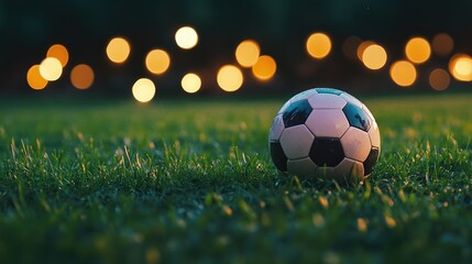 Fototapeta premium A soccer ball on a vibrant grassy field with glowing bokeh lights, highlighting the anticipation of a football match.