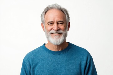 Obraz premium Happy mature old bearded man with dental smile, cool mid aged gray haired older senior hipster wearing blue sweatshirt standing isolated on white background looking at camera, with generative ai