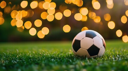 Fototapeta premium A soccer ball resting on fresh green grass with beautiful bokeh lights in the background, creating a lively sports scene.