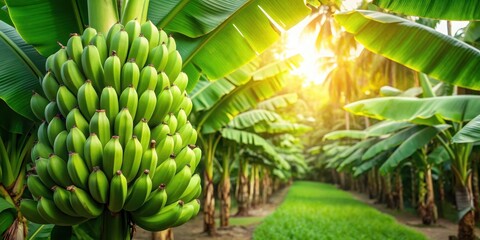 Green bananas and lush tropical banana leaves on a banana plantation, banana plantation, green bananas, tropical, fruits