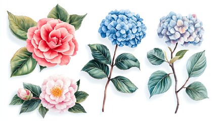 Beautiful watercolor flowers featuring peonies and hydrangeas with vibrant colors and detailed leaves.