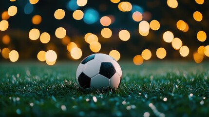 Naklejka premium A soccer ball rests on lush green grass with dynamic bokeh lights in the background, setting the scene for an energetic sports event.