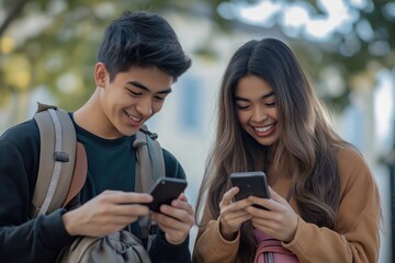 Fototapeta premium Two young people are smiling and looking at their cell phones. They are both wearing backpacks. Scene is happy and relaxed