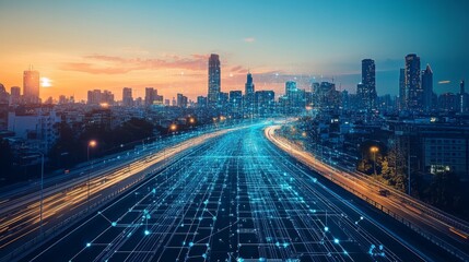 Fototapeta premium Self-healing AI-managed public infrastructure systems: A road or bridge repairing itself through AI-powered technology.