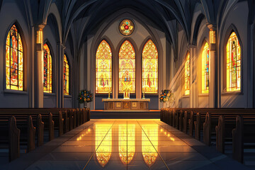 Obraz premium A serene interior of grand Catholic cathedral with stunning stained glass