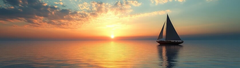 Obraz premium A silhouette of a sailboat on the horizon, drifting on calm waters with a sunset in the distance