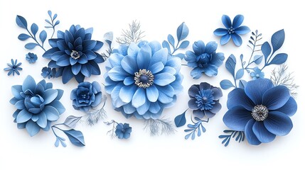 A beautiful arrangement of blue flowers and leaves on a white background, perfect for decorative or artistic purposes.