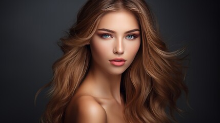 Fototapeta premium Stunning portrait of a woman highlighting a natural and radiant makeup look with glowing skin