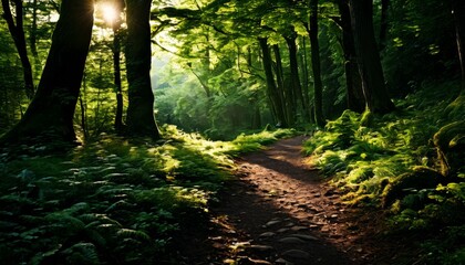 A sun-dappled path winds through a lush, green forest. The sunlight filters through the dense canopy, creating a tranquil and inviting scene perfect for a peaceful walk in nature.. AI Generation
