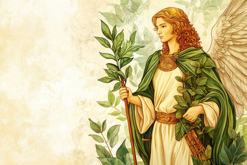 A serene illustration of Archangel Raphael holding staff and surrounded by greenery