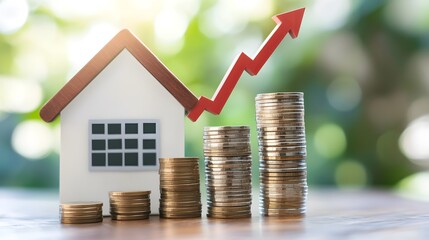 House Icon on Top of Growing Coin Stack
A small house icon placed on top of an increasing stack of coins with an upward arrow. 