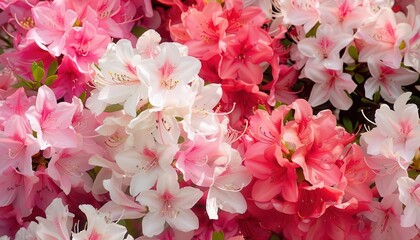 Vibrant azaleas in shades of pink and white, lush blooms creating a stunning display, symbolizing beauty and the arrival of springtime warmth and renewal.