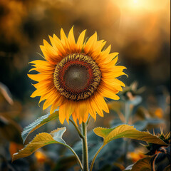 Fototapeta premium Sunflower in Full Bloom Against a Warm Sunset Background in a Summer Field