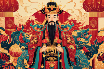 A vibrant illustration of god of fortune, Lu Xing, surrounded by rich colors and intricate details