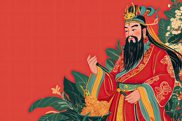 Fototapeta premium A vibrant illustration of god of harvest, Shenno, surrounded by lush foliage