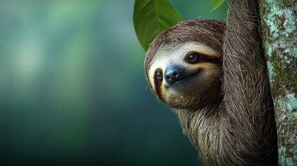 A brown and spotted sloth is looking at the camera with a smile