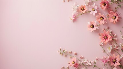 Obraz premium Delicate floral arrangement on soft pink background, featuring various blossoms in shades of pink, white, and green, evoking a serene and romantic atmosphere.