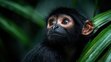 A baby monkey is looking up at the camera