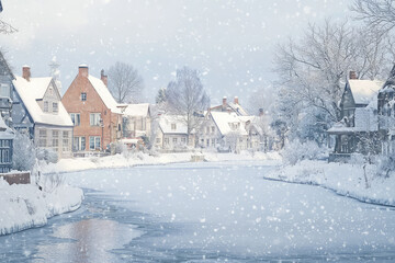 Fototapeta premium A snowy town with quaint houses and frozen river creates serene winter scene