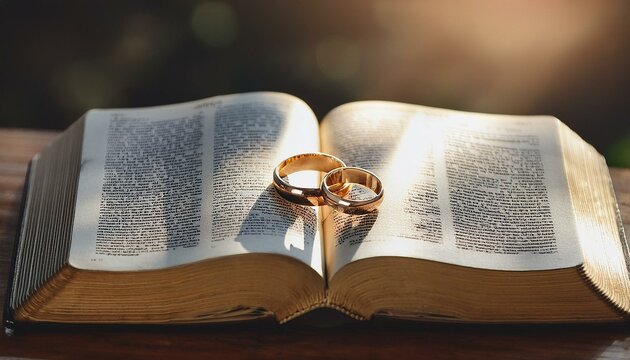 Wedding Rings on an Open Bible in Soft Morning Light - Powered by Adobe