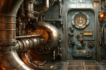 Fototapeta premium Steampunk inspired airship engine room with intricate machinery and pipes