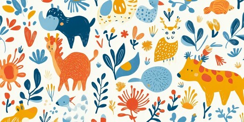Obraz premium Colorful animals and flowers on a white background.