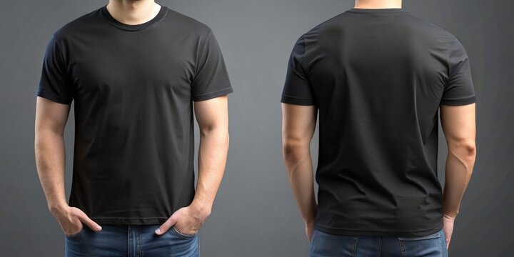 Black men's t-shirt mockup in front and back view , Mockup, Black, Men's, T-shirt, Front view, Back view, Fashion, Clothing
