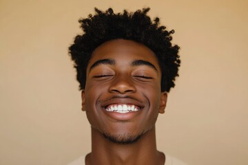 Happy young African American gen z guy winking isolated on beige background. Playful ethnic teen student, cool curly generation z teenager smiling with white perfect teeth, with generative ai