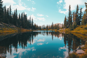 Fototapeta premium A tranquil mountain paradise with clear lake reflecting sky