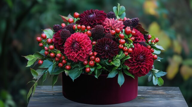 A beautiful arrangement of dark red flowers with green foliage is perfectly displayed in a round velvet box, sitting elegantly on a wooden table with a blurred background. - Powered by Adobe