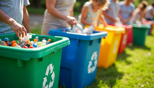 Diverse group of volunteers sorting recyclables into colored bins outdoors, promoting environmental awareness and sustainability in a community setting.