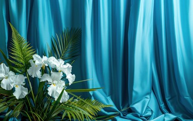 Turquoise blue studio backdrop with a matte finish, turquoise blue silk curtains with white irises and green fern. Copy space 