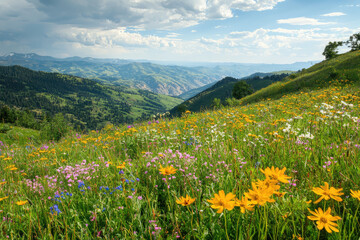 Fototapeta premium A tranquil mountain paradise with scenic overlook and vibrant wildflowers
