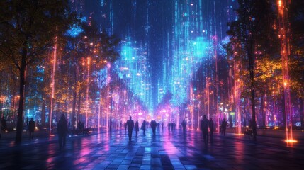 Futuristic AI-driven smart street lighting systems: A city illuminated by AI-controlled lights that adjust brightness based on pedestrian traffic.