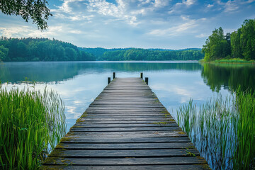 A tranquil paradise scene with wooden pier extending into serene lake