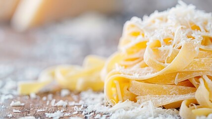 A macro photograph of Parmesan cheese shaved onto fresh pasta.