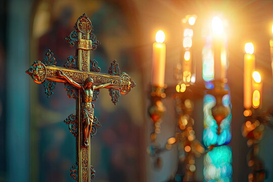 A detailed close up of Catholic churchs processional cross, radiating warmth and spirituality
