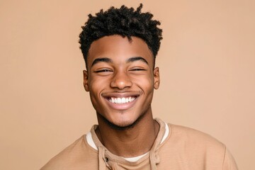 Happy young African American gen z guy winking isolated on beige background. Playful ethnic teen student, cool curly generation z teenager smiling with white perfect teeth, with generative ai