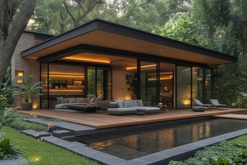 modern outdoor living space with sleek wooden decking minimalist furniture and lush greenery zeninspired design bathed in soft twilight ambiance