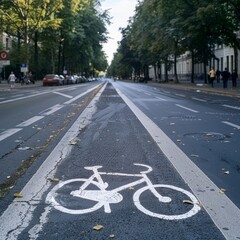 Obraz premium Two cyclists riding on a city street near a marked bike lane during a sunny day 