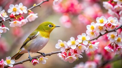 Plum blossoms and a Japanese white-eye bird in a garden, plum blossoms, Japanese white-eye, bird, nature, wildlife