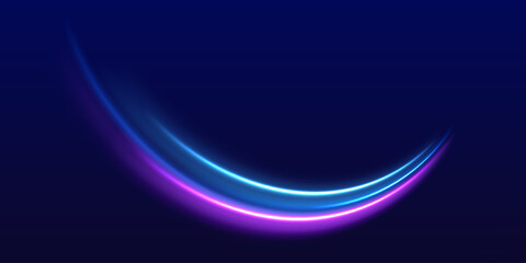 Lines in the shape of a comet against a dark background. Motion light effect for banners. Neon color glowing lines, high speed light trails effect. Purple glowing wave swirl, impulse cable lines.