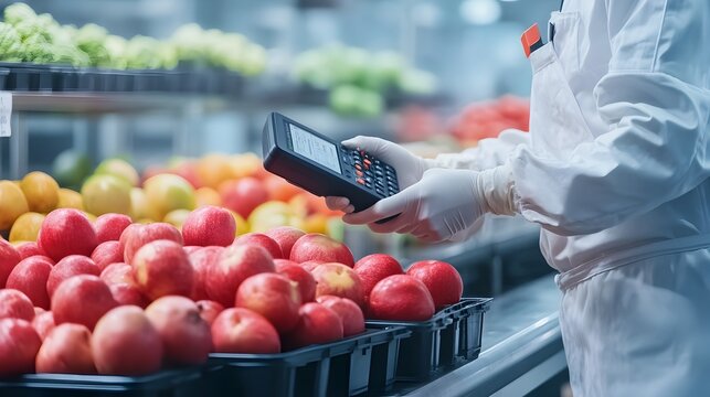 Worker Using Handheld Scanner for Food Processing Data Tracking and Control