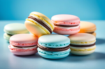 Fototapeta premium Cake macaron or macaroon on a blue background.