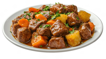 Delicious beef stew with tender meat, carrots, and potatoes, garnished with fresh herbs, creating hearty and comforting dish perfect for any meal. 