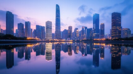 Fototapeta premium Urban skyline at dusk with reflections in water, showcasing modern architecture.