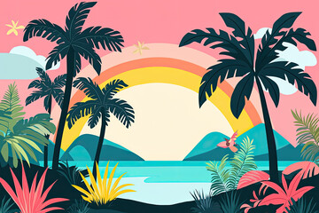 A vibrant illustration of tropical paradise with palm trees and rainbow