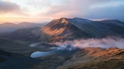 A breathtaking mountain landscape at sunrise, showcasing natural beauty and tranquility.