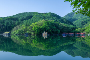 Beautiful colors of Emerald Lake reflection, morning view.