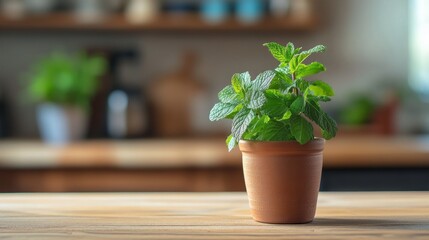 A healthy mint plant in a terracotta pot on a wooden table, showcasing natural beauty.